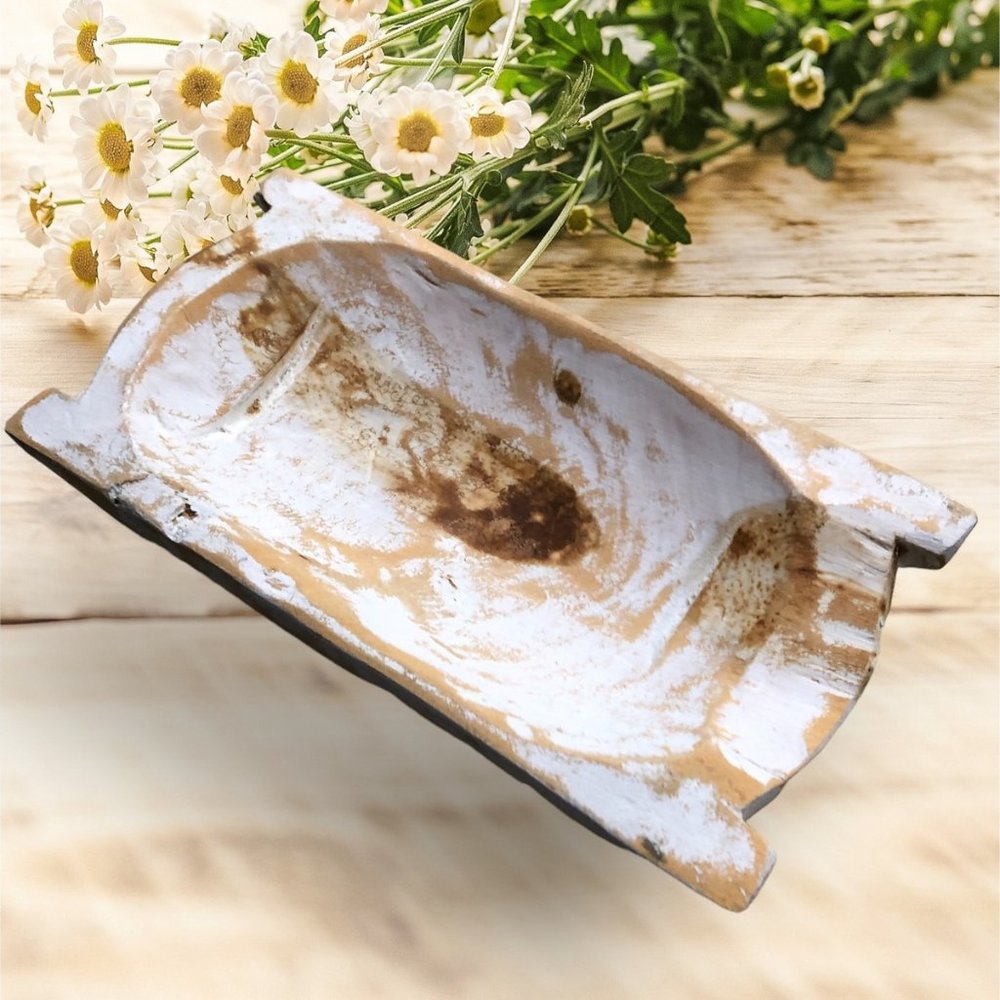 Wood Dough Bowl Small w/Handles White Wash 10x6x2 - Picture 1 of 10